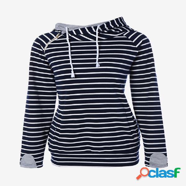Casual Stripe Patchwork Zipper Hoodies manga comprida