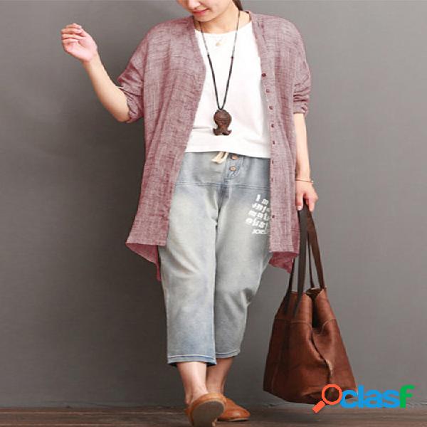 Casual camisa de manga comprida sólida para mulheres