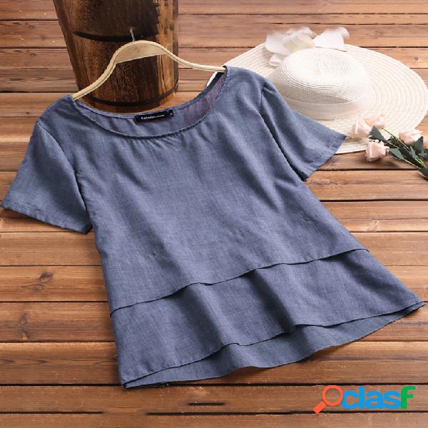 Casual cor sólida camadas manga curta Plus tamanho Blusa