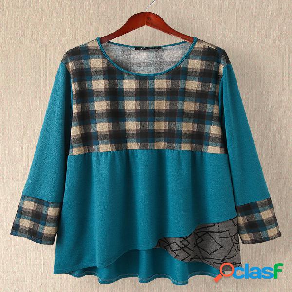 Casual xadrez patchwork irregular Plus tamanho blusa