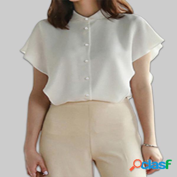 Chiffon Pearl Button Ruffle Sleeve Plus Blusa elegante de