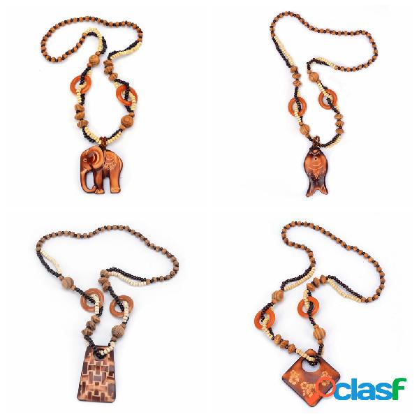 Colar Vintage Manual Longo Feminino Gota de Madeira Para