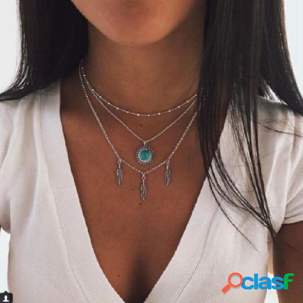 Colar de prata Multilayer boêmio laeave Turquesa Colar de