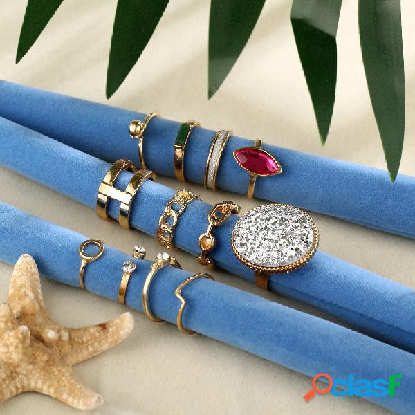 Conjunto de anel aberto de strass vintage Geométrica
