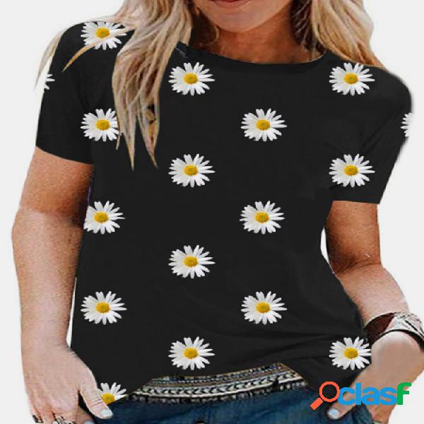 Daisy Floral Print manga curta Casual T-shirt Para Mulheres