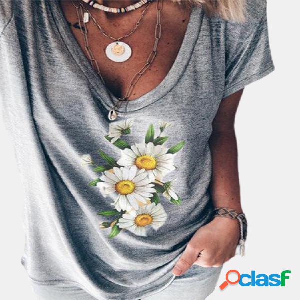 Daisy Flower Print T-shirt Casual de manga curta para