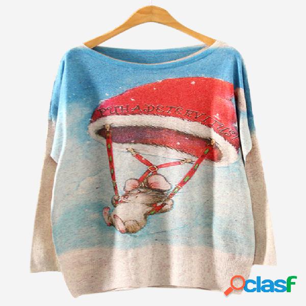 Desenhos animados de Natal Imprimir Knit Pullover Bat Sleeve