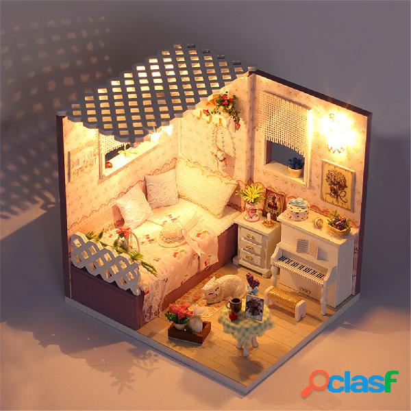 Feliz domingo DIY casa de boneca com tampa de luz de móveis