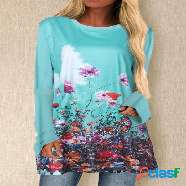 Flores Imprimir Manga comprida Plus Tamanho Casual T-shirt