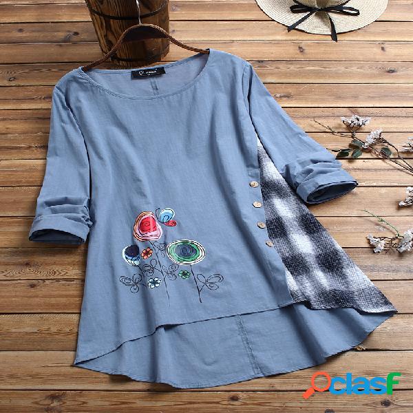 Flores Imprimir Patchwork Assimétrico Plus Tamanho T-shirt