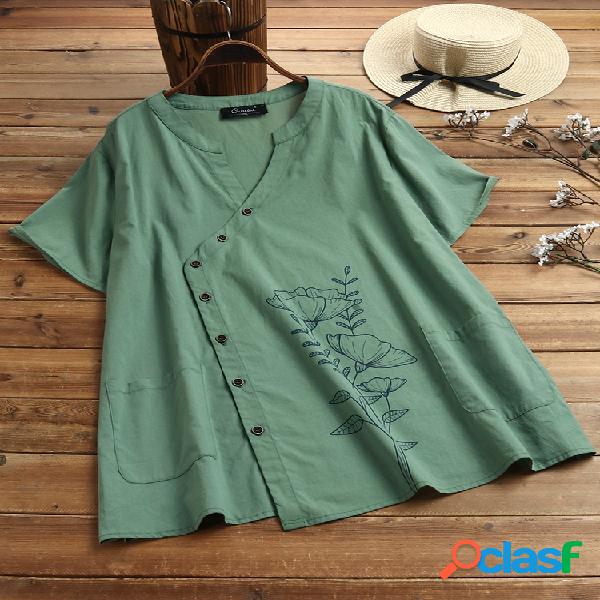 Flower Print Oblique Buckle Decote em V Plus Tamanho Camisa