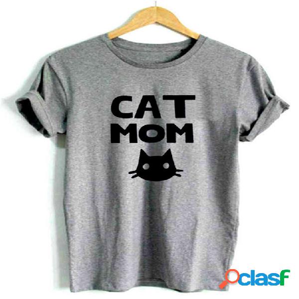 Gato Impresso O-neck Manga Curta Casual T-shirts