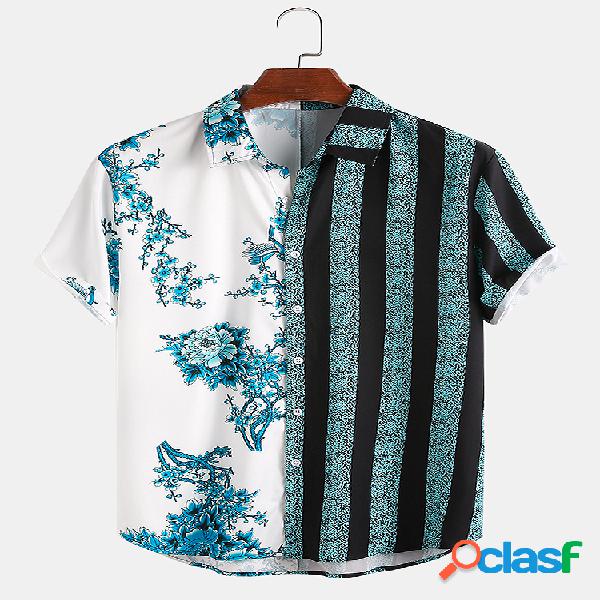 Homens Floral & Striped Patchwork Holiday Casual Camisa