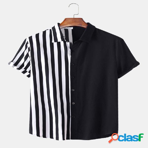 Homens Patchwork Stripe Contraste Cor Casual Camisa
