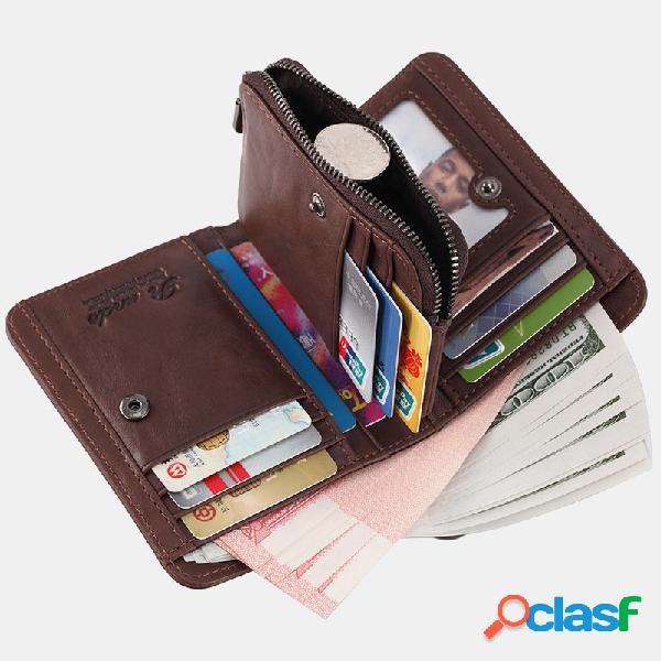 Homens Rfid Bifold Couro Genuíno Carteira Zipper Purse