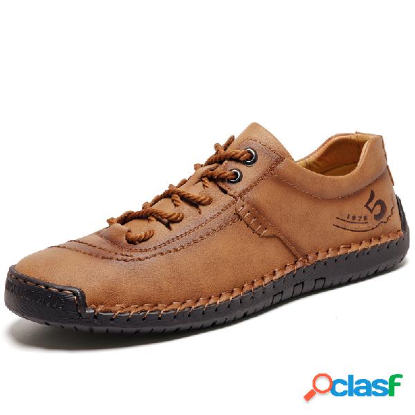 Homens mão costura Soft ata acima sapatos casuais de couro