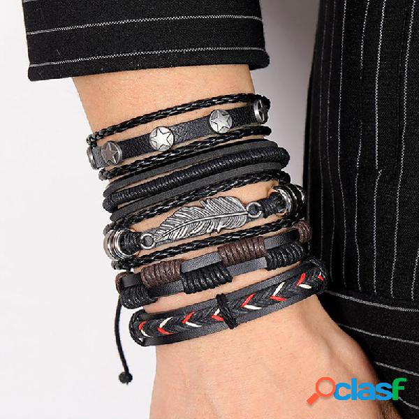 Homens vintage pulseira trançada ajustável multicamadas