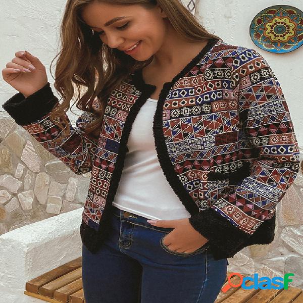 Jaqueta de tweed vintage tamanho étnico patchwork Plus