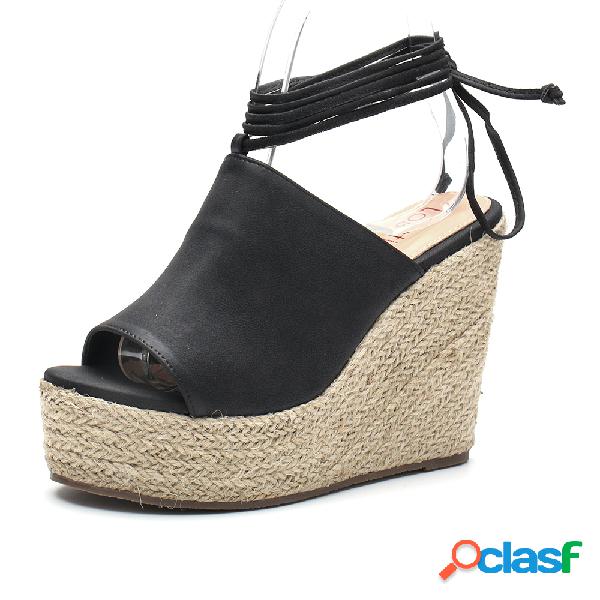 LOSTISY Peep Toe Cor sólida Lace Up Casual Wedges Sandals
