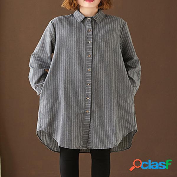Lapela impressa listrada manga comprida longa Camisa para