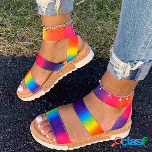 Large Size Women Casual Open Toe Triple Strap Elastic Flat