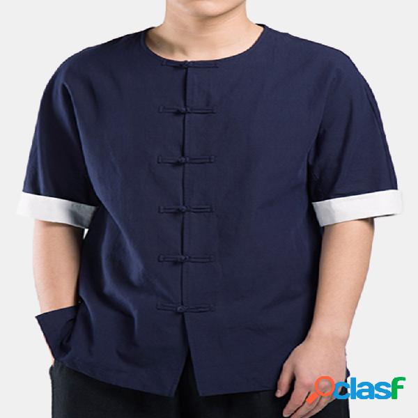 Linho Casual Chinês Botões Patchwork Meia Manga O Pescoço