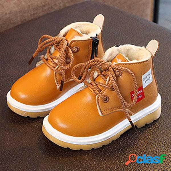Meninos Lace Up Decor Botas De Algodão Zipper Impermeável