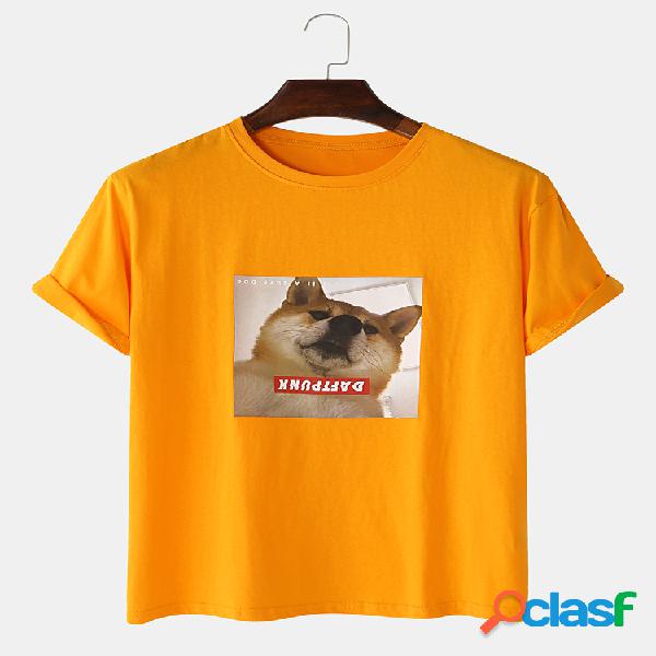 Mens 100% Cotton Graphic Cachorro Impresso em torno do
