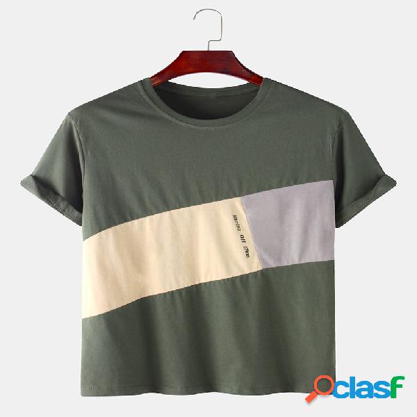 Mens 100% algodão cor bloco retalhos casual manga curta