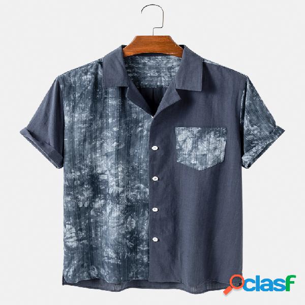 Mens 100% algodão tie dye patchwork peito bolso casual