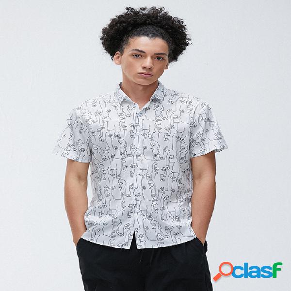 Mens Abstract Line Print Camisas de manga curta