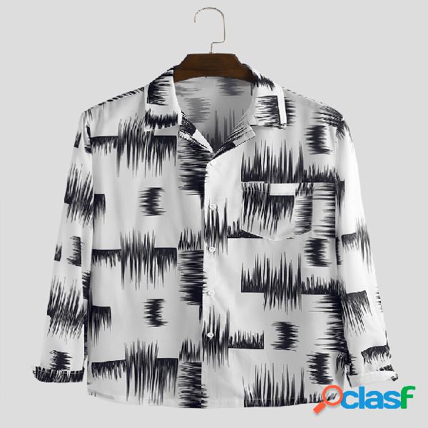 Mens Abstract Printed Chest Pocket Turn Down Collar Camisas