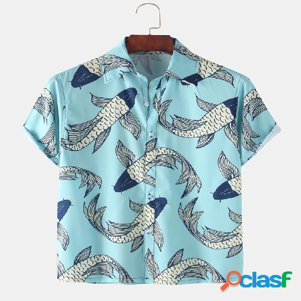 Mens Allover Carp Print Casual Light Turn Down Collar