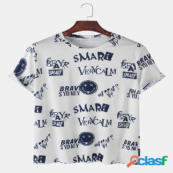Mens Allover Character & Emojis Print Loose Light Round Neck