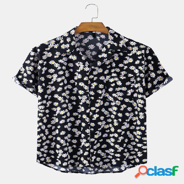 Mens Allover Daisy Print Loose Light Casual Camisas de manga