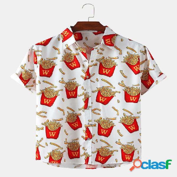 Mens Allover French Fries Print Light Lapel Collar Camisas