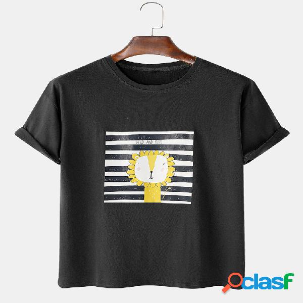 Mens Animal Cartoon Óleo Imprimir Casual Light Cotton Round