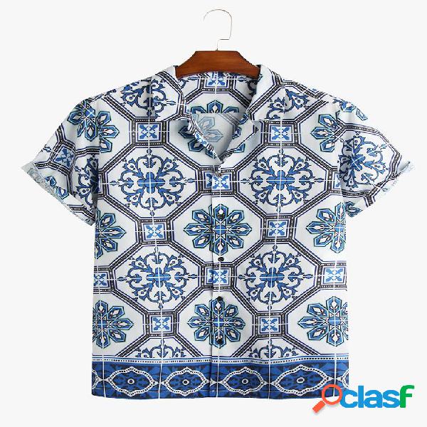 Mens Blue & White Porcelain Printed Turn Down Collar Camisas