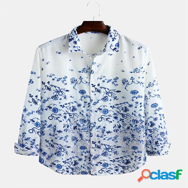 Mens Blue & White Porcelain Printing Turn Down Collar Manga