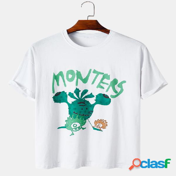 Mens Cartoon Monstars Print Cotton Plain Respirável Loose