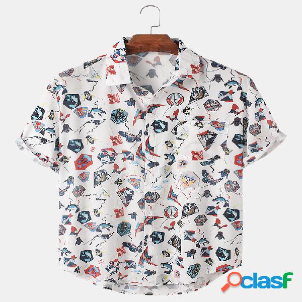 Mens Cartoon Padrão Imprimir fina Casual camisas de manga