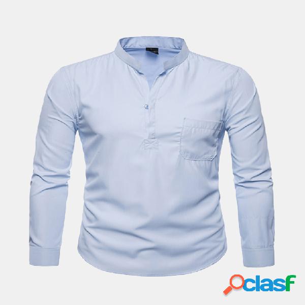 Mens Casual Cotton Respirável Solid Color Stand Collar
