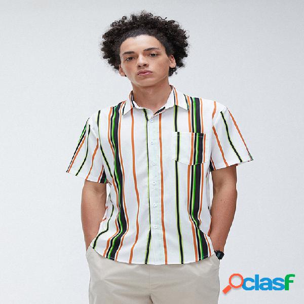 Mens Casual Multi Color Stripe Chest Pocket Camisas de manga