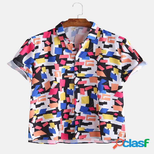 Mens Casual respirável Colorful Colorblock camisas de manga