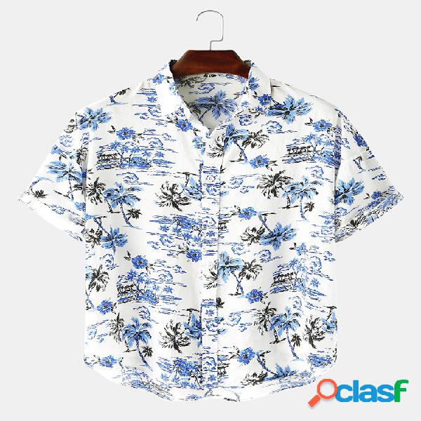 Mens Coco Tree Praia Print respirável camisas de manga