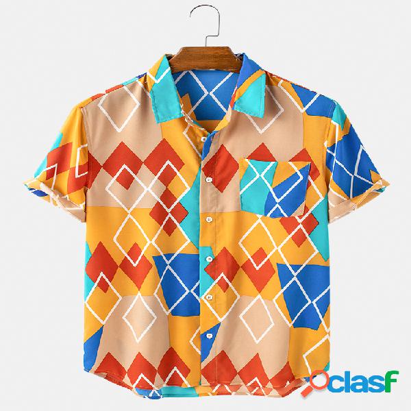 Mens Colorblock & Geometric Print Casual Light Camisas de