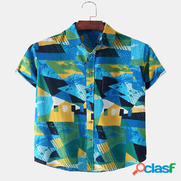 Mens Colorblock Print Holiday Loose respirável camisas de