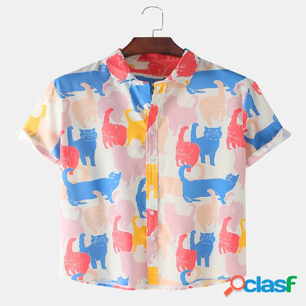 Mens Colorful Cat Print Casual respirável Light Camisas de