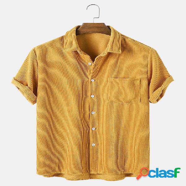 Mens Corduroy Solid Color Print Respirável Casual Camisas
