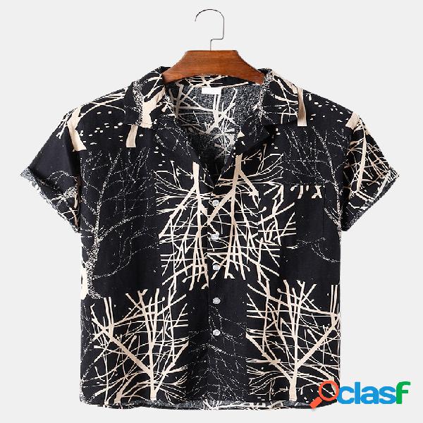 Mens Cotton Abstract Tree Print Loose Light Chest Pocket